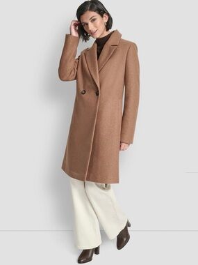 DKNY Double-Breasted Wool Trench Coat in Camel